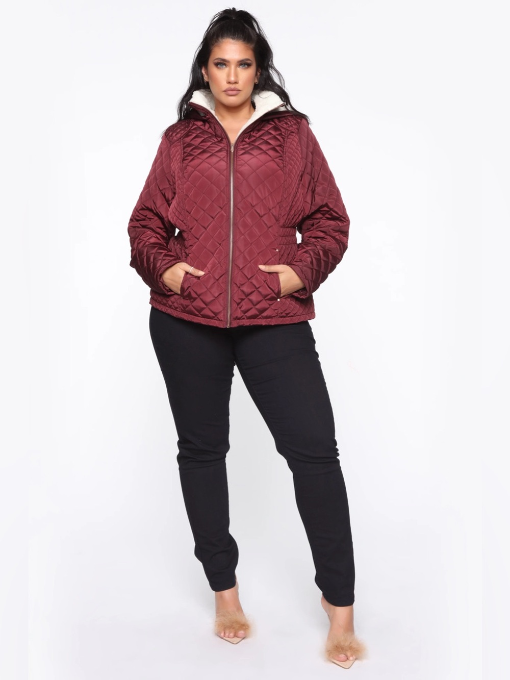 Fashion Nova black quilted hooded jacket sherpa XL